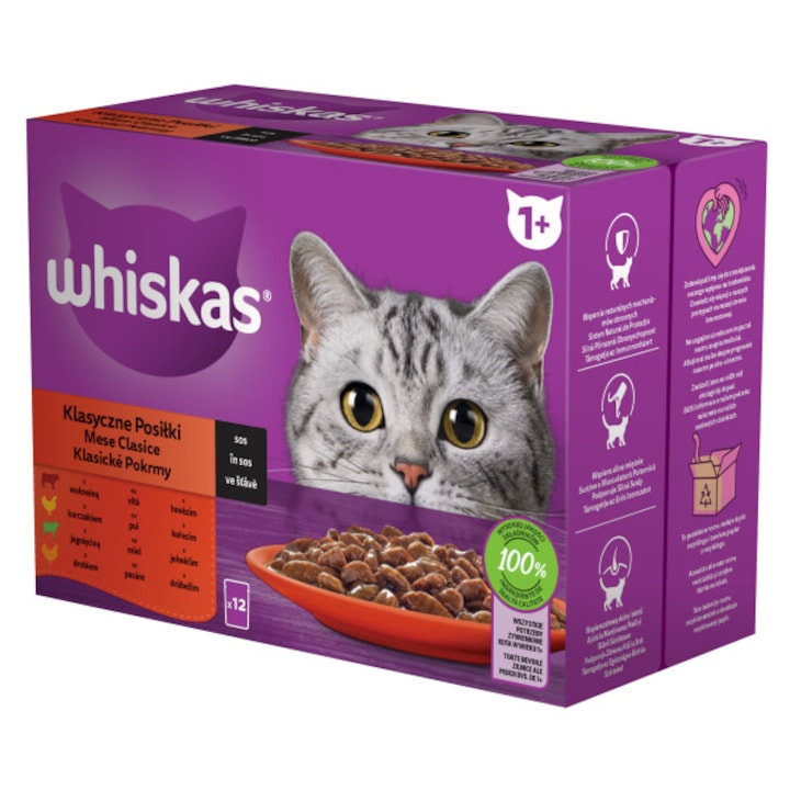 Hrana umeda pentru pisici Whiskas, selectii clasice in sos de carne, Vita, Pui, Miel si Pasare, 12 x 85 g