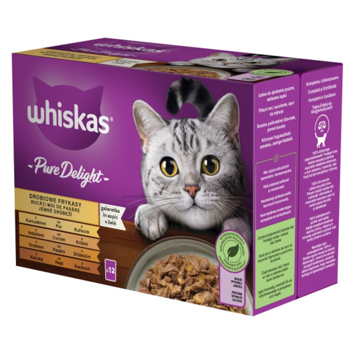 Мокра храна за котки Whiskas, Pure Delight, Пуешко и патешко, 12 х 85 гр