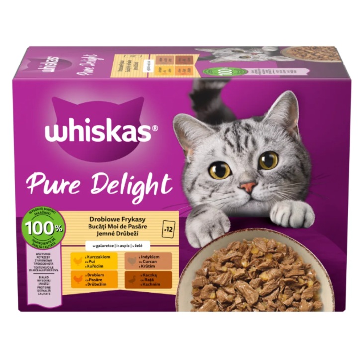 Hrana umeda pentru pisici Whiskas, Pure Delight, Curcan si Rata, 12 x 85 g
