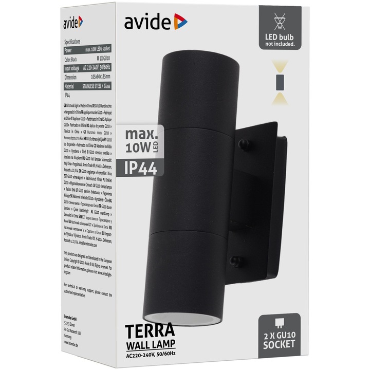 Avide kültéri fali lámpa, Terra, 2 x GU10, IP44, fekete