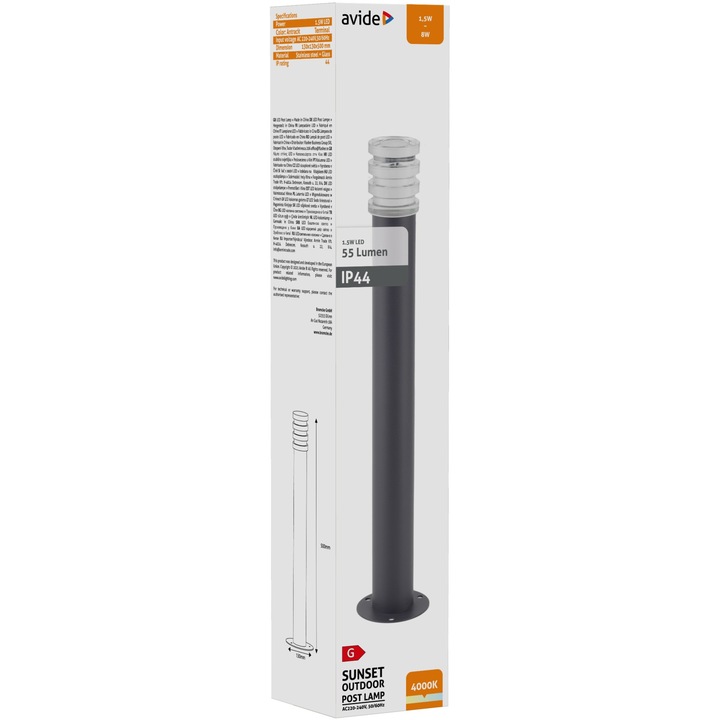 Avide kültéri álló lámpa, Sunset, LED, 1.5W, NW, 500mm, IP44, Antracit