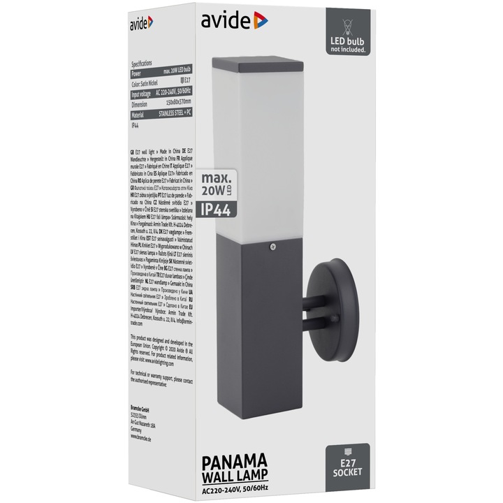 Avide kültéri fali lámpa, Panama, 1 x E27, IP44, Antracit