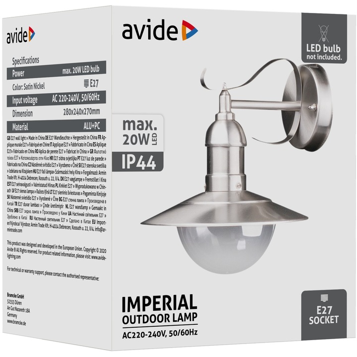 Avide kültéri fali lámpa, Imperial, 1 x E27, IP44, Rozsdamentes acél