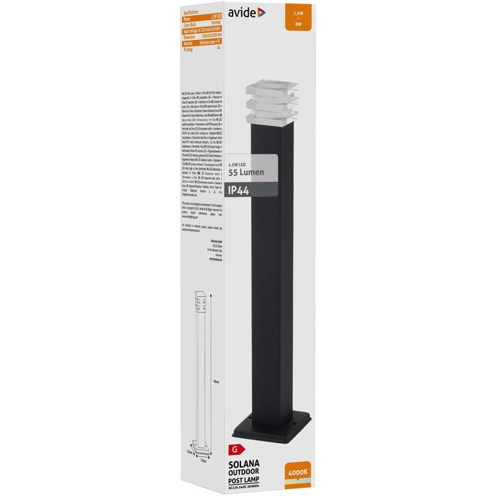 Avide kültéri álló lámpa, Solana, LED, 1.5W, NW, 500mm, IP44, Fekete