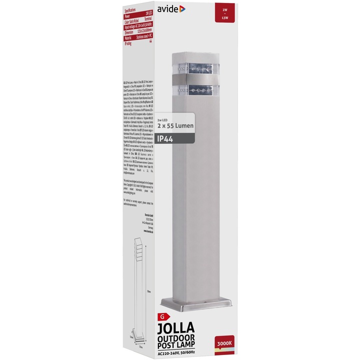 Avide kültéri álló lámpa, Jolla, LED, 2W, WW, 500mm, IP44, Szatén Nikkel