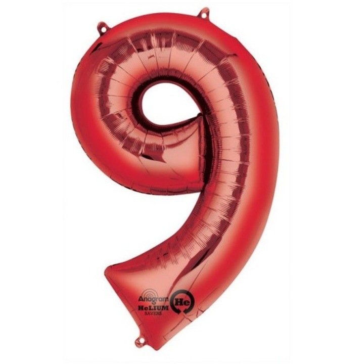 Балон цифра 9, Фолиев, Червен, 86х55 см