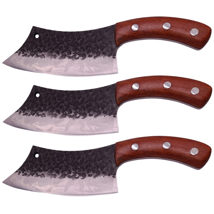 Három darab Depox® henteskés készlet, kézzel készített, Destiny Cooking, 26 cm, fa markolat, bőr tokban