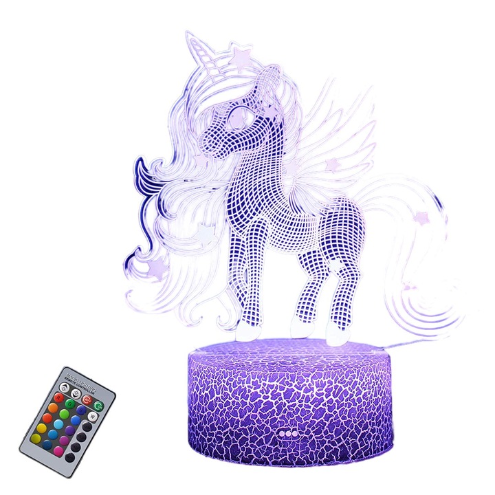 Lampa de veghe copii, Unicorn, ABS/Plexiglas, Telecomanda, Alb