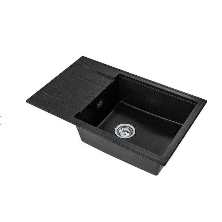 Set chiuveta bucatarie din granit, cu picurator, dreptunghiulara, negru grafit, cu sistem de scurgere, 800x495x180 mm