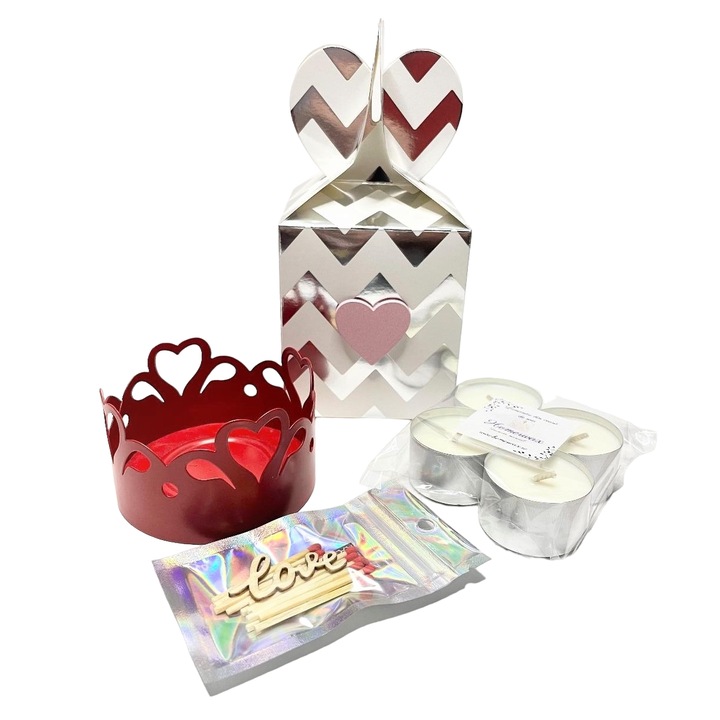 Комплект свещи тип пастили от соев восък и метална подложка във формата на сърце, количество восък 82 гр.