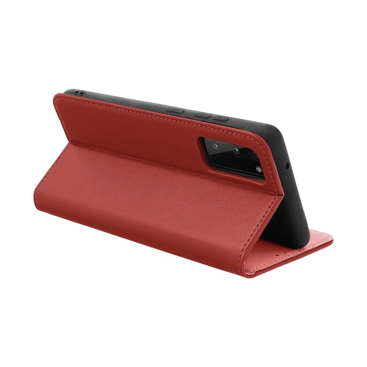 Apple iPhone 14 Plus-szal kompatibilis természetes bőr flip tok, tartós, prémium anyagok, kártyatartó, kiváló minőség, állvány funkció, mágneses záródás, piros