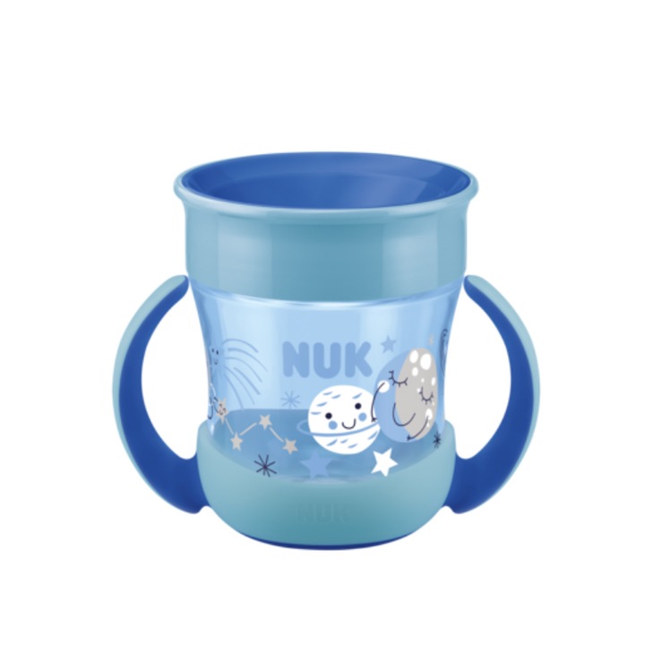 Бебешко шише с дръжки и система против разливане 360 градуса 160 мл Nuk Mini Magic Cup Night 751352-AL, Синьо 6-9 месеца