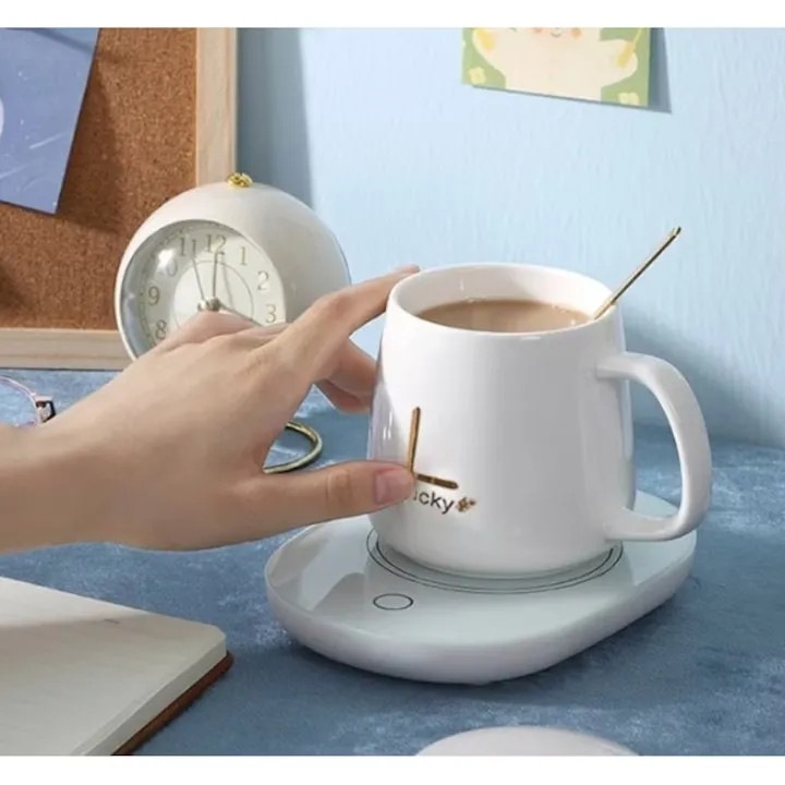 Set cana ceramica, cu incalzire, scris auriu, 350 ml, Alb