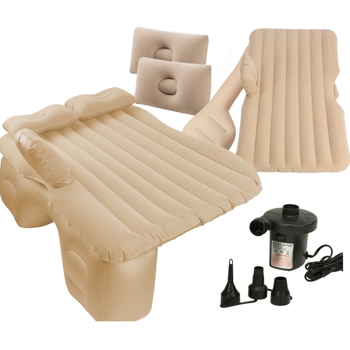 Set saltea auto gonflabila cu perne si pompa, Velur, 130x80cm, Bej