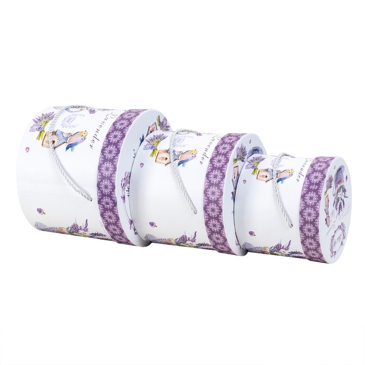 Set 3 cutii cu forma cilindrica si model lavanda, mov / CD4390_M