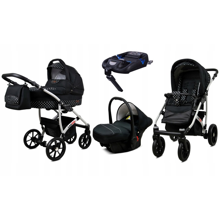 Carucior multifunctional BabyLux Largo 4 in 1 - landou, carucior sport, scaun auto cu baza ISOFIX, tesaturi certificate OEKO-TEX, siguranta EN 1888 si ECE R129, culoare Puncte Albe