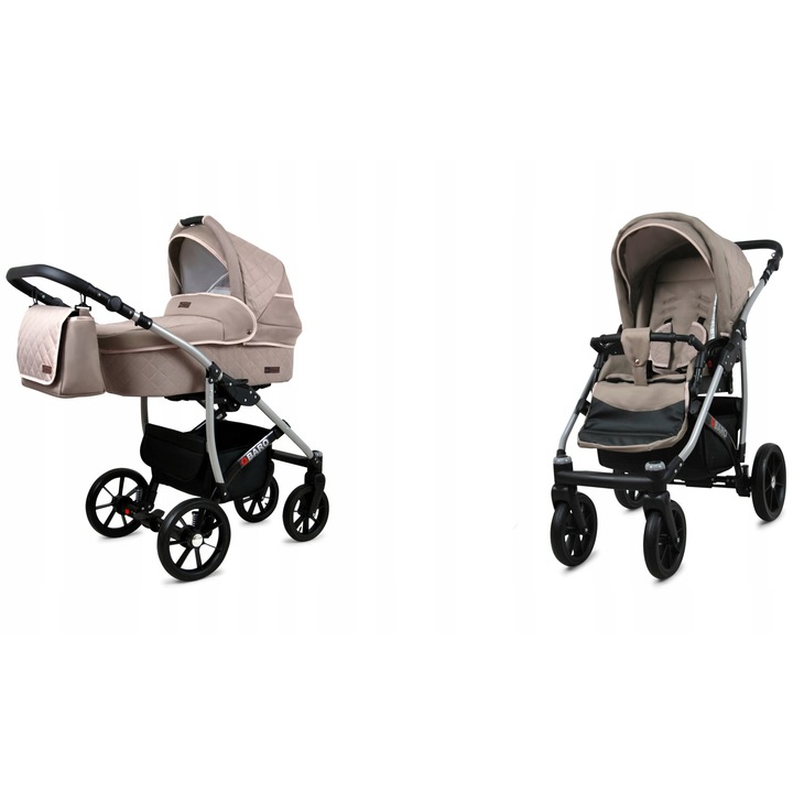 Carucior 2 in 1 BabyLux Qbaro - Cos Landou, Parte Sport, Cadru Aluminiu, Roti Gonflabile 14 inch, Kaki