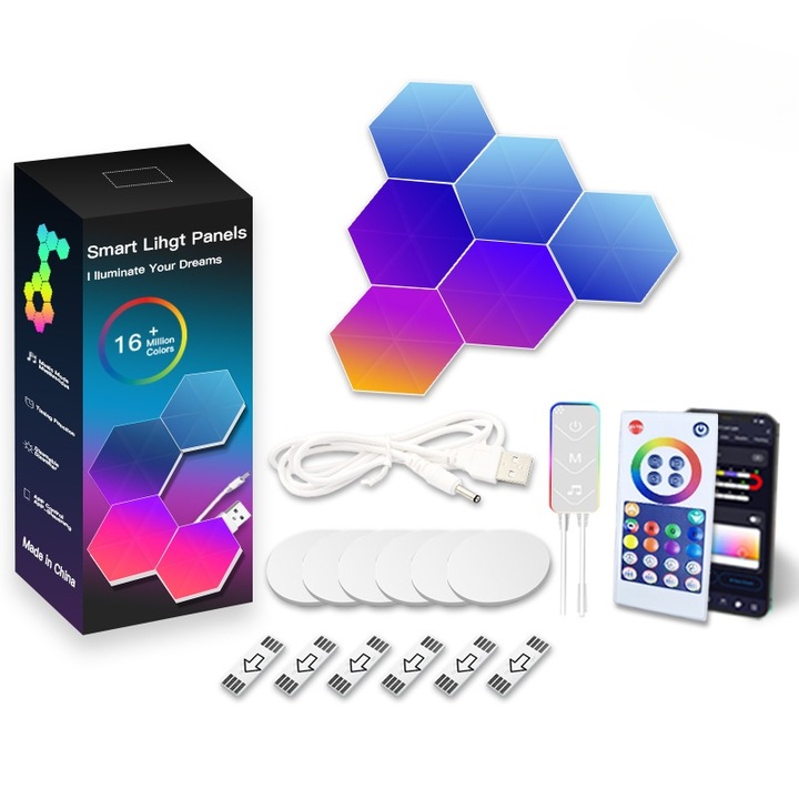 6 LED hatszögletű RGBIC moduláris intelligens panel készlet, WI-FI csatlakozás, Bluetooth, távirányító, IOS/Android kompatibilitás, Tuya, Google Assistant/Amazon Alexa, audió szinkronizálás, időzítő, vacsora