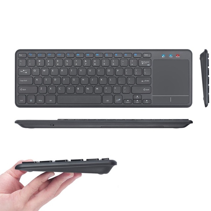 Компютърна клавиатура с тъчпад, безжична, 2.4G, мембранна, радиокомуникация, USB, черна, батерия AAA, лека и тънка, компактна, HDWR, typerCLAW-BC130