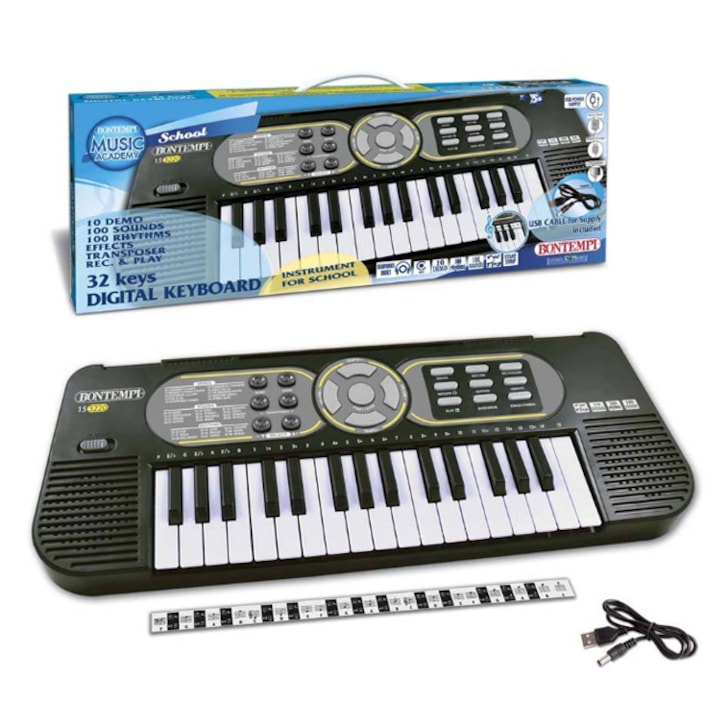 Детски електронен синтезатор Bontempi 191389, 37 клавиша, USB, Черен