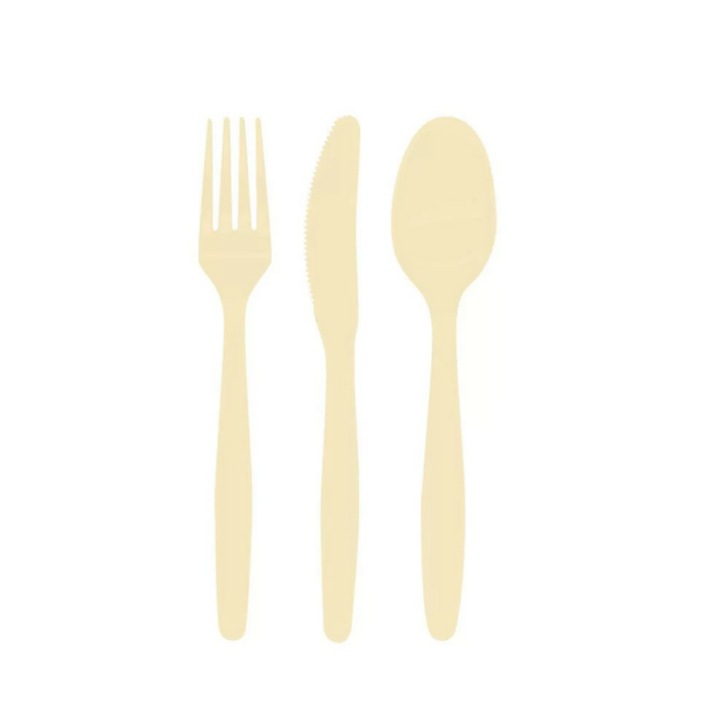 Set tris bej furculita, cutit si lingura, 100 buc