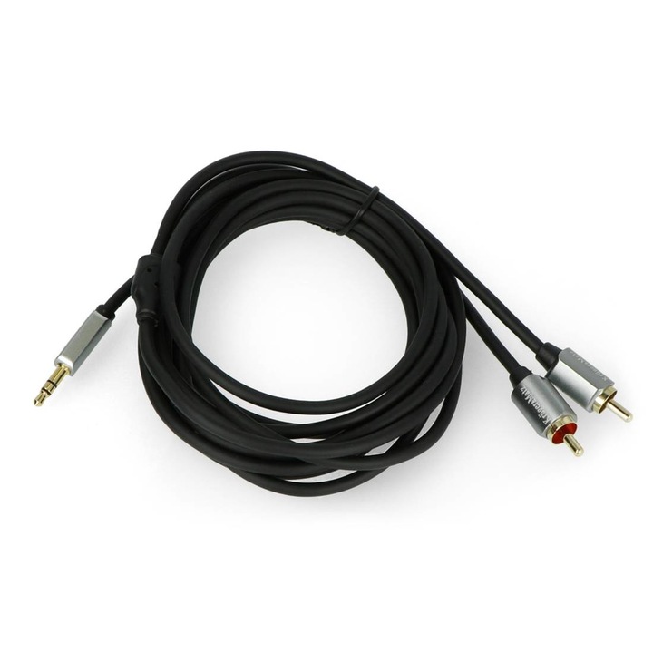 Кабел Vention BCFBJ, 2x RCA (чинч) към 3.5mm, 5m, черен