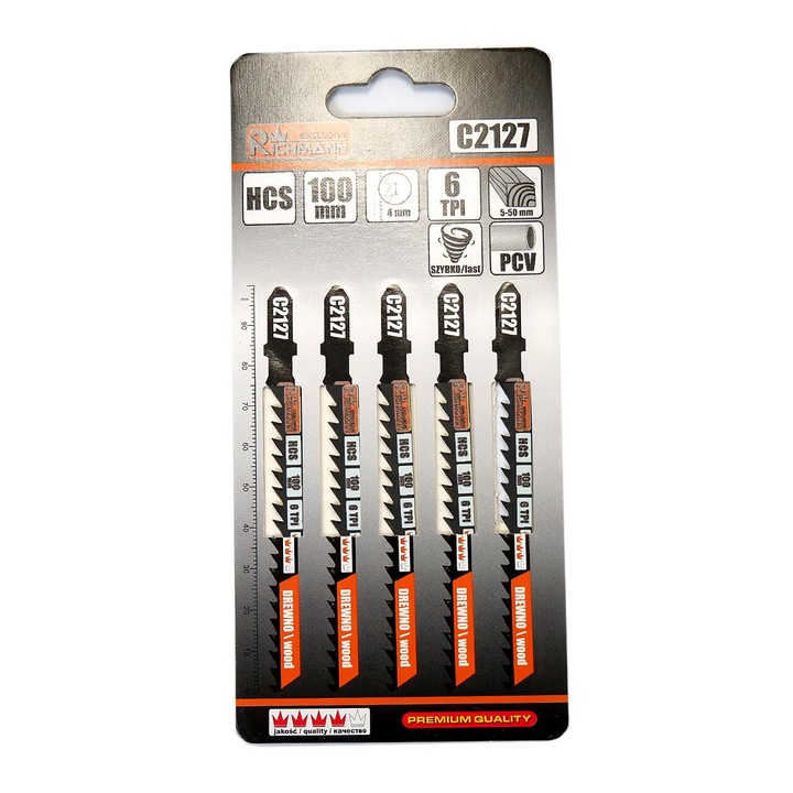 Panza, lama, fierastrau pendular, pentru lemn, HCS, prindere tip T, 6 TPI, taiere rapida, set 5 buc, 100 mm, Richmann Exclusive