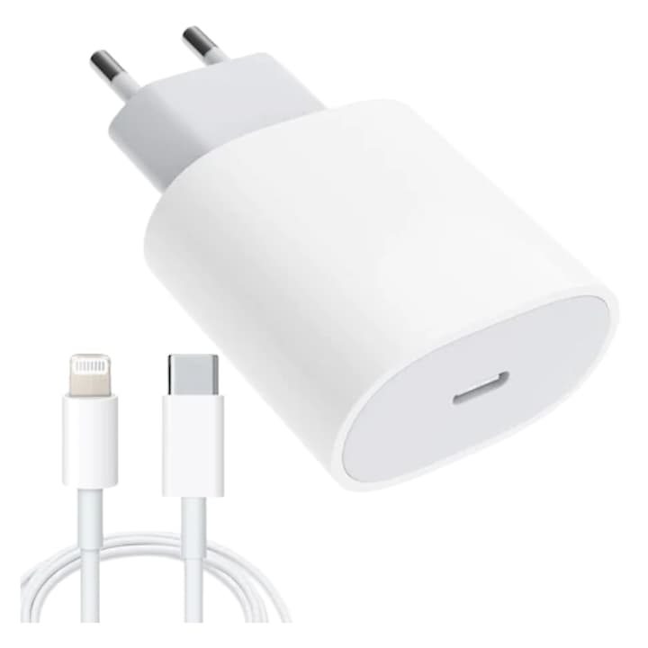 Зарядно устройство, Съвместимо с Apple, USB-C 20W, Lightning кабел, Съвместимо с iPhone 14/14 pro / 13/ 13 Pro / 12 / 12Pro 11 / 11 Pro / 11 Pro Max / XS Max / XS / X / XR, Бял