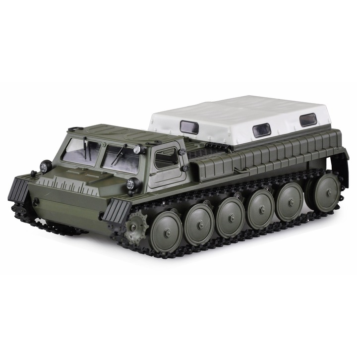 Vehicul blindat pe senile RC cu telecomanda, Lungime 29 cm, Scara 1:16, Viteza 5 km/h, 2,4 Ghz, 4 canale, LED fata, RTR, Verde, 8+