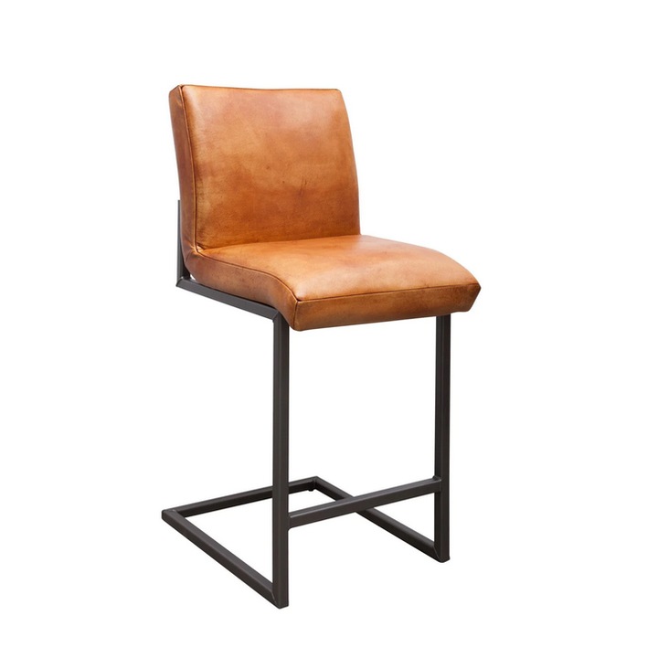 Set 2 Scaune tip industrial de bar din piele naturala, FLEET 65, Cognac