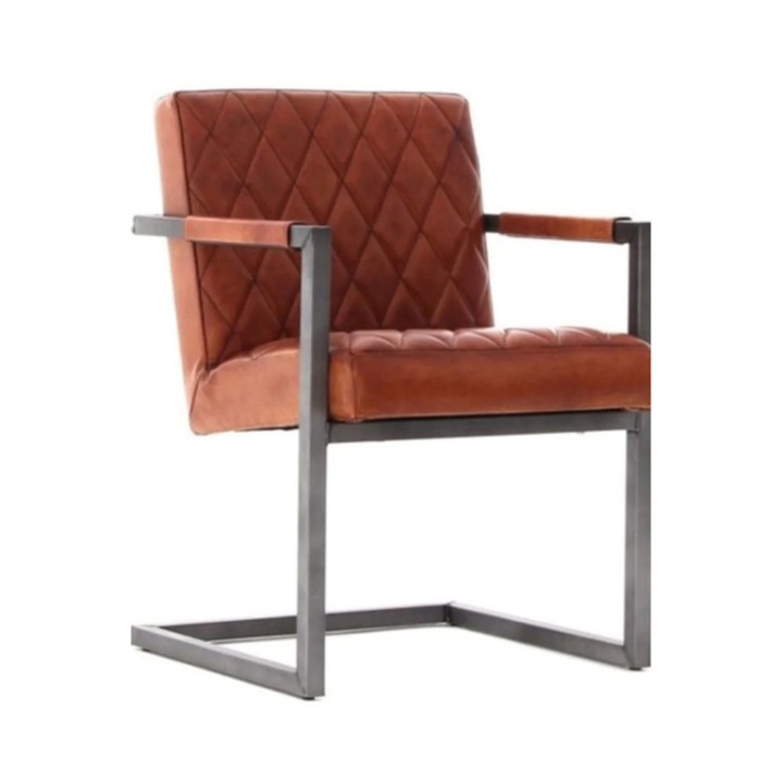 Set 2 Scaune din piele de bivol model carouri, BADSAAL SALINO, Cognac inchis