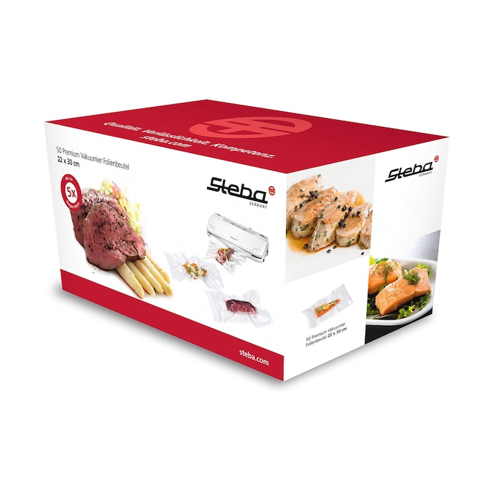 Set de 50 pungi universale pentru vidat, Steba Germany, 28 x 40 cm, compatibile cu orice aparat de vidat, rezistente la rupere si temperaturi inalte, rezistente la cuptorul cu microunde, potrivite pentru gatit sous vide