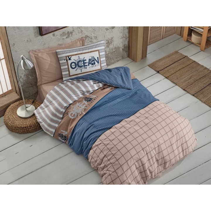 Lenjerie de pat pentru 1 persoana cu elastic, Cottonbox, Ocean, Albastru, Bumbac 100%, 3 piese