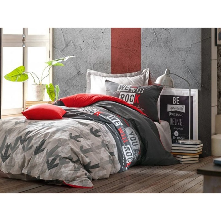 Lenjerie de pat pentru 1 persoana cu elastic, Cottonbox, Rock, Rosu, Bumbac 100%, 3 piese