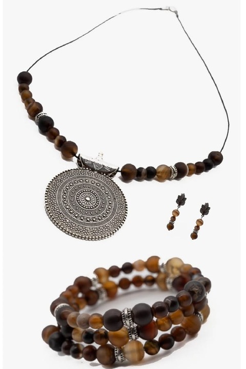 Set Bijuterii, UNICAT, Ma BIjoux, Caffeine, Colier/Bratara/Cercei, Pietre semipretioase Striped Agate, Maro