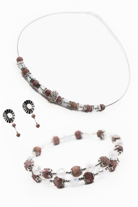 Set Bijuterii, UNICAT, Ma Bijoux, Royal Pink, Colier/Bratara/Cercei, Pietre semipretioase Agate, Roz