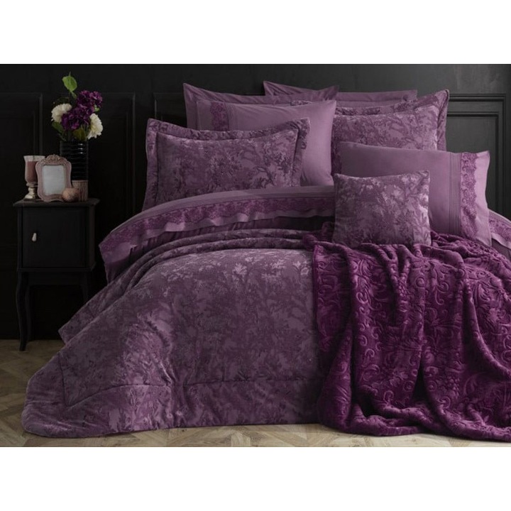 Комплект спално бельо, Cottonbox, Velvet Sansiro, Purple, 11 части