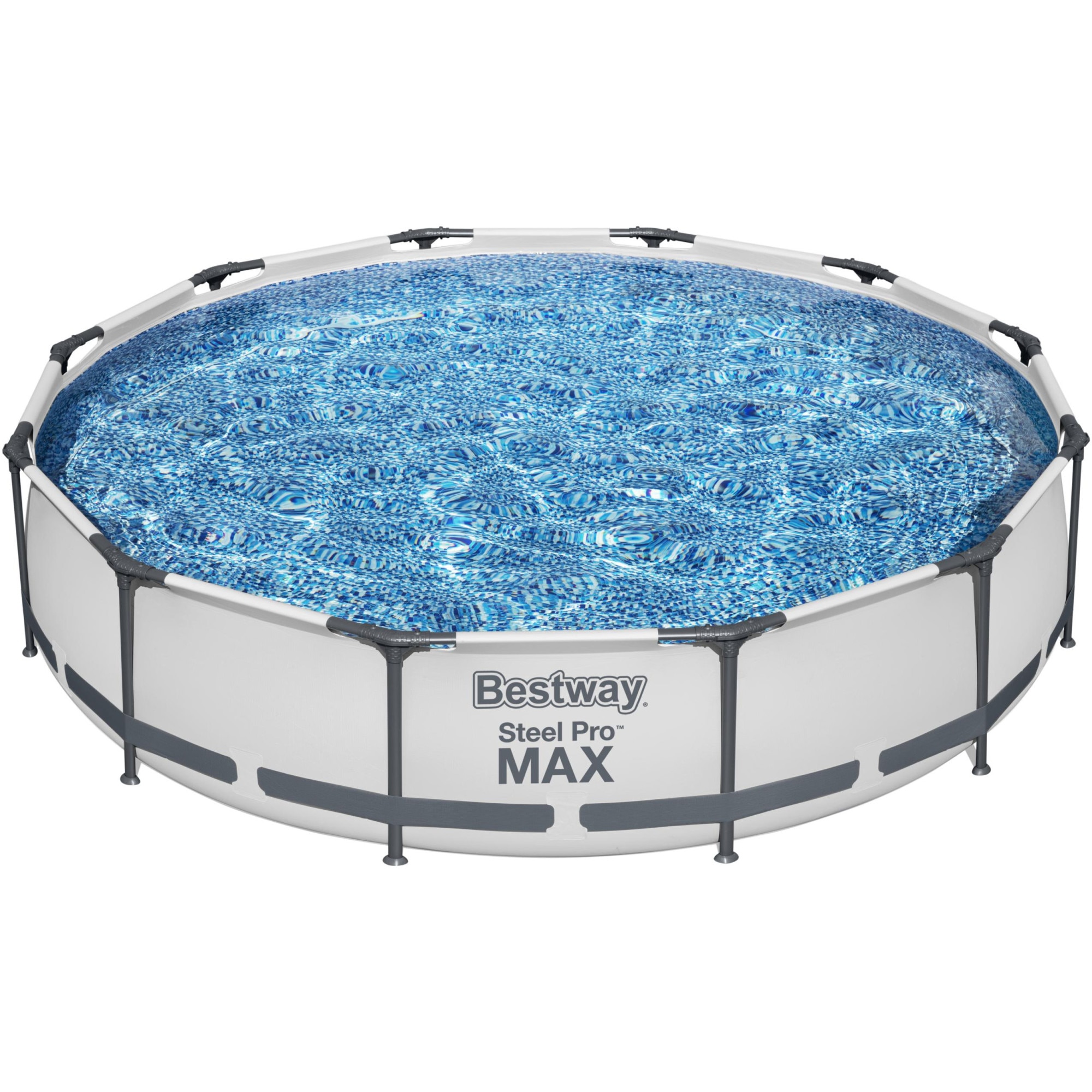 Piscina rotunda cu pompa cu filtru inclusa Steel Pro Max Bestway, diametru 366 cm, inaltime 76 cm, volum 6473 litri, debit pompa 1249 l/h, gri deschis