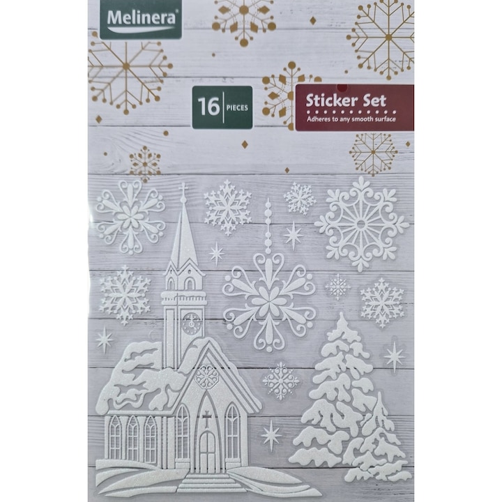 Set de stickere decorative cu Biserica si Brad, 16 piese, Alb, MAX-BBL7570