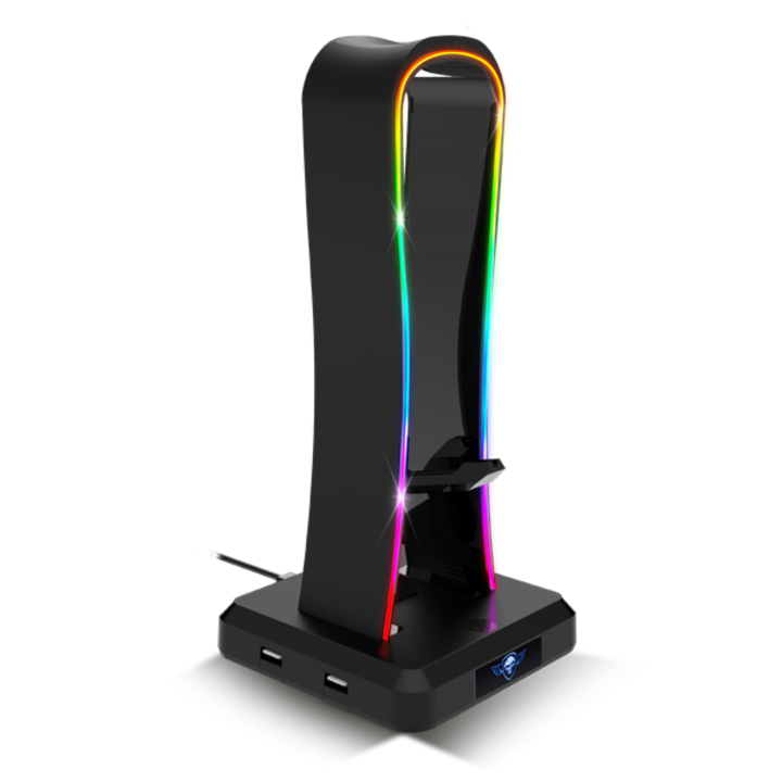 Spirit of Gamer Sentinel Fejhallgató állvány, 4 x USB2.0, Kábelvezetés, Csúszásmentes talp, RGB, Fekete