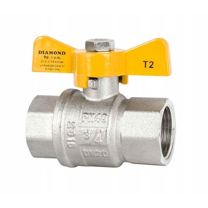 Pillangós gázszelep, gyémánt, sárgaréz/acél, 1 hüvelyk, sárga