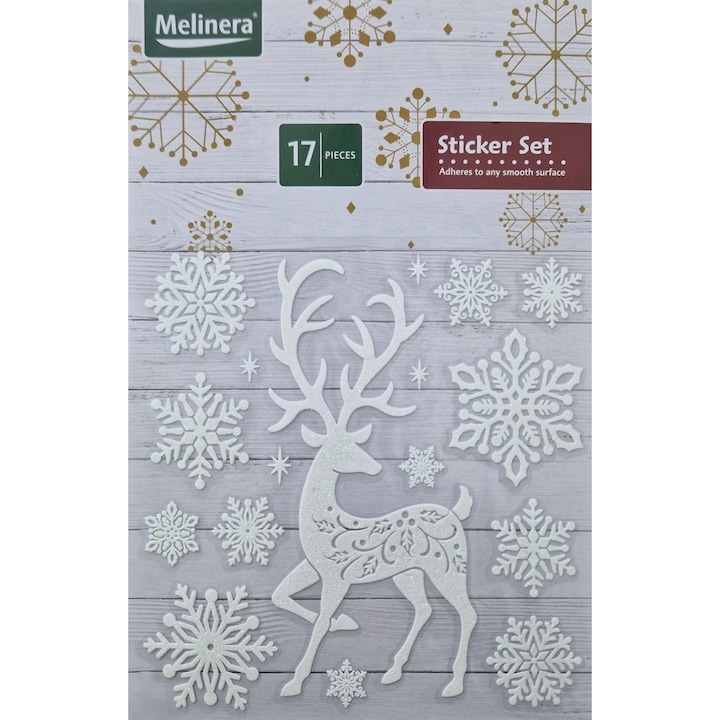 Set de stickere decorative cu Ren si Fulgi, 17 piese, Alb, MAX-BBL7571