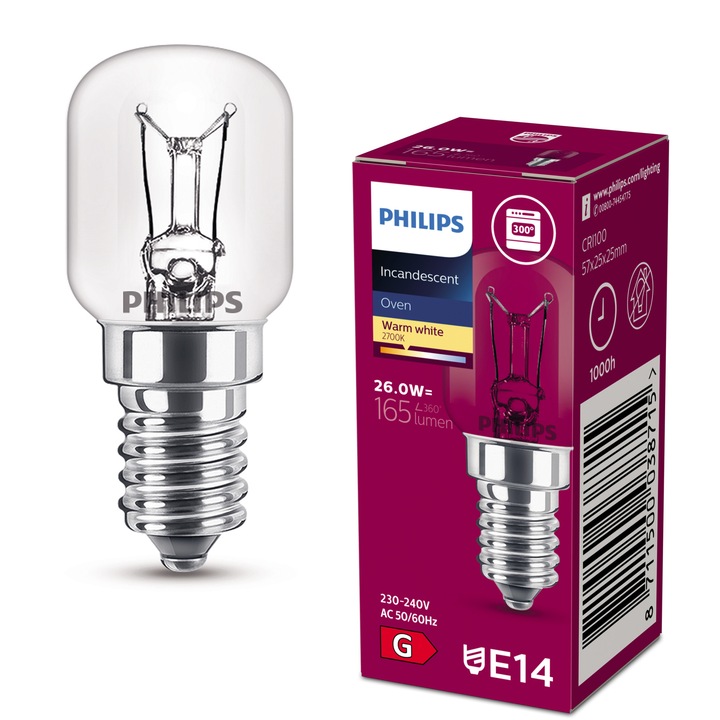 Bec incandescent pentru cuptor Philips T25, E14, 26W, 172 lm, lumina calda (2700K), temperatura 300 °C, 230-240V, clasa energetica G