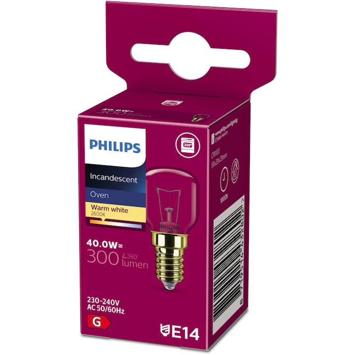 Bec incandescent pentru cuptor Philips T29, E14, 40W, 300 lm, lumina calda (3600K), temperatura 300 °C, 230-240V, clasa energetica G