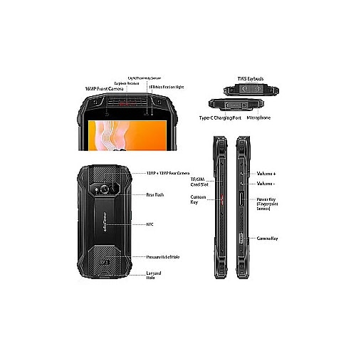 Telefon mobil Ulefone Armor 15 Negru, 4G, Casti TWS incorporate, 5.45", 6GB RAM, 128GB ROM, Android 12, Helio G35, NFC, 6600mAh, Dual SIM