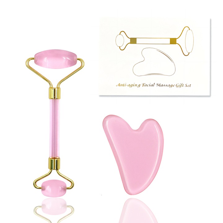 Set rola jad si gua sha pentru masaj facial si corporal, POMAMZ, piatra de Jad, 2 role mobile, functie antirid, tonifiere, ameliorare cearcane, roz transparent