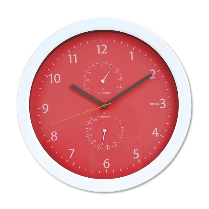 Стенен часовник Platinet PZSRC с термометър и влагомер, метален стенен часовник, червен, 25,5 см