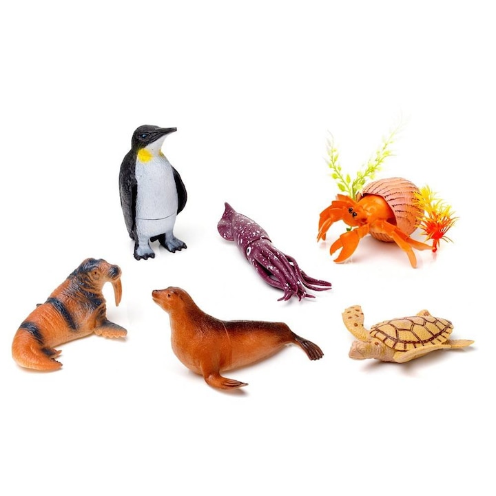 Set 6 figurine pentru copii, animale marine, pinguin, foca, caracatita, broasca testoasa, 10-15 cm, Multicolor