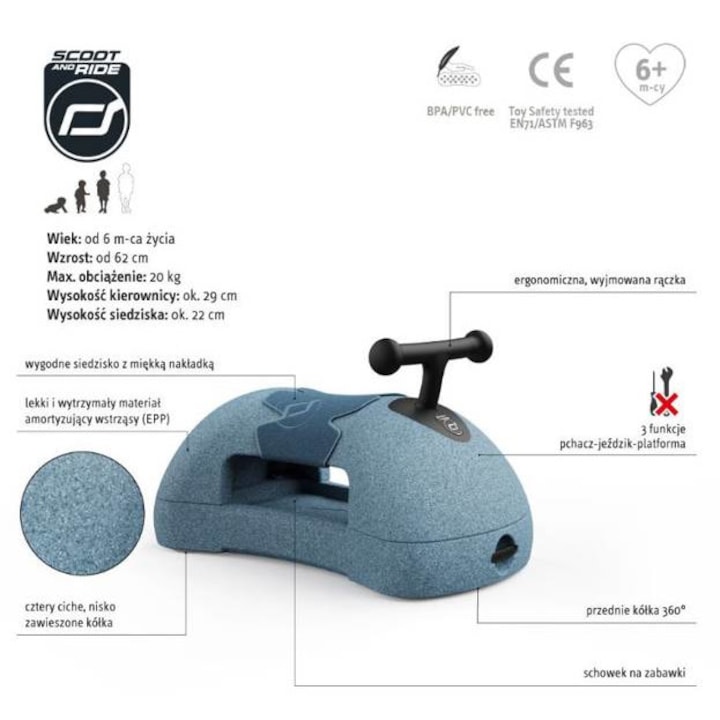 Felhajtható babaautó, Scootandride, EPP, 6 hónaposnál idősebb, maximális tömeg 20 kg, kék