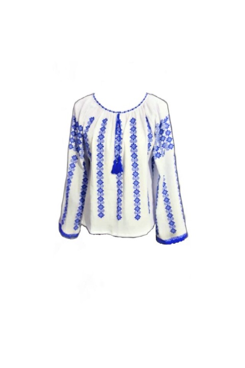 Ie Brau Muntenesc, model Angela, marime XL, bumbac alb brodata cu albastru